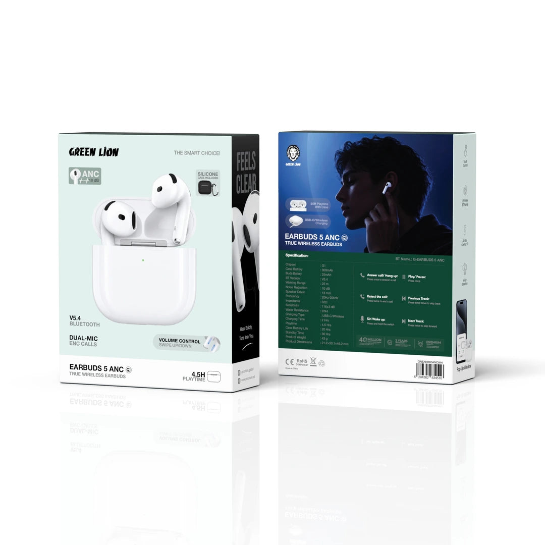 Green Lion Earbuds 5 ANC box front and back with specifications