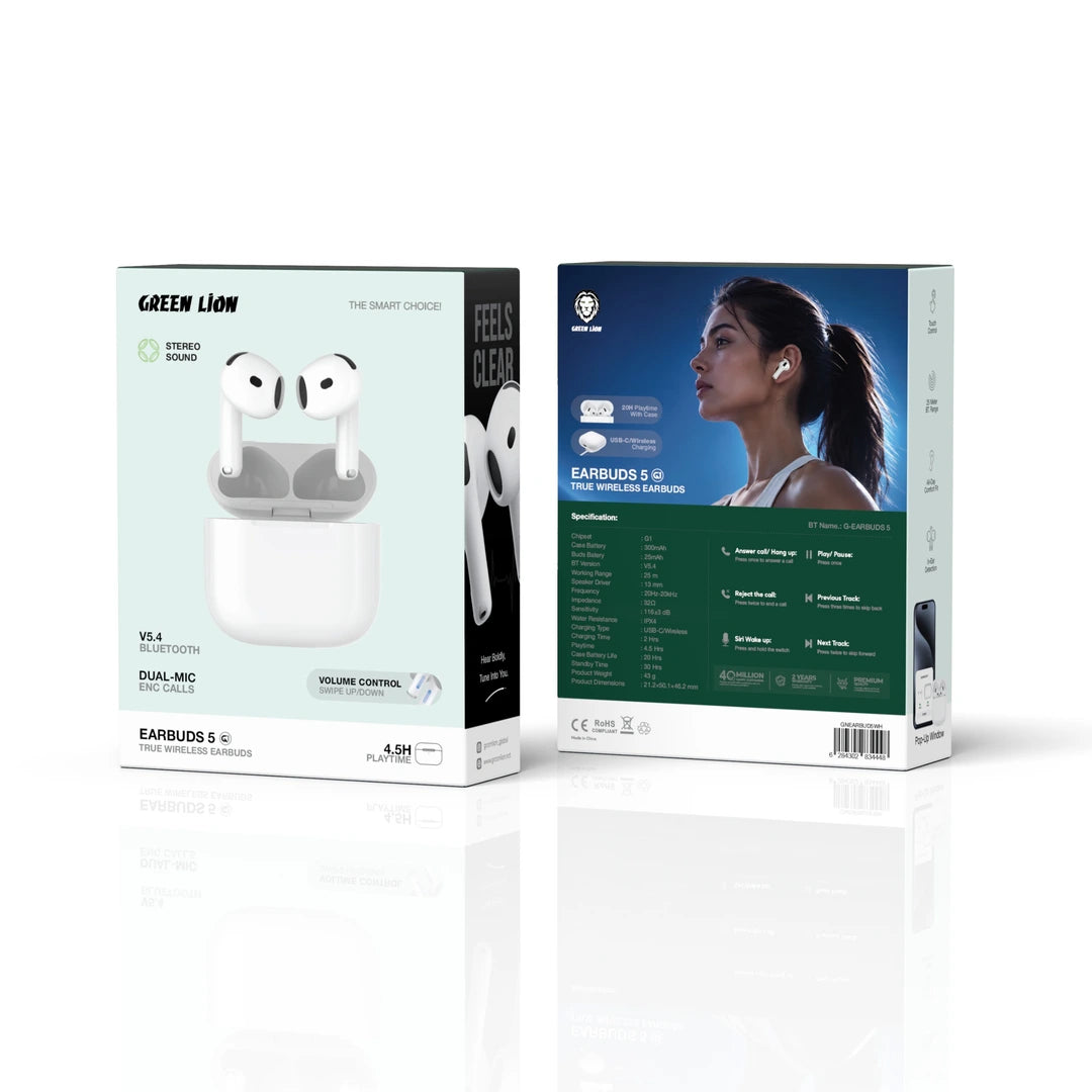 Green Lion Earbuds 5 box front and back with specifications