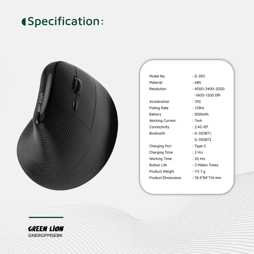 Green Lion Ergo Grip Vertical Mouse – Black | Ergonomic Wireless