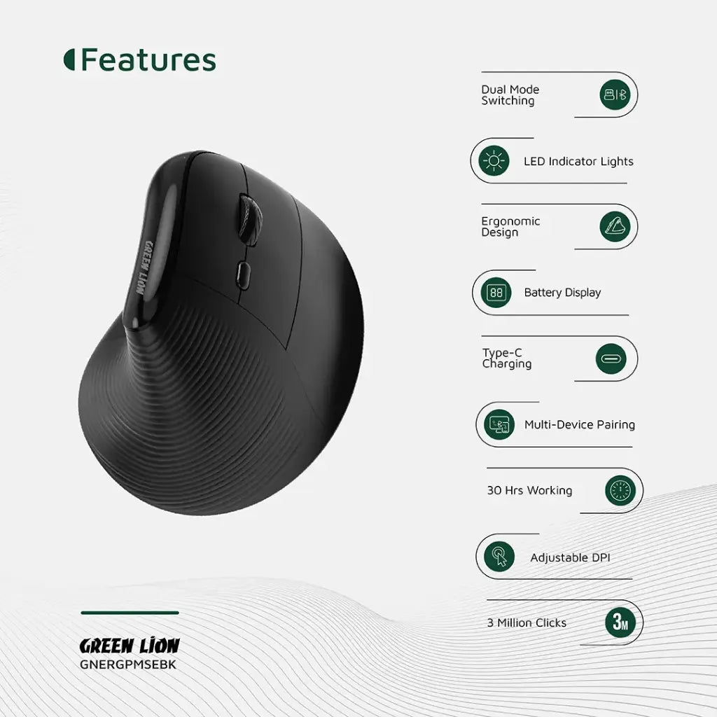 Green Lion Ergo Grip Vertical Mouse – Black | Ergonomic Wireless