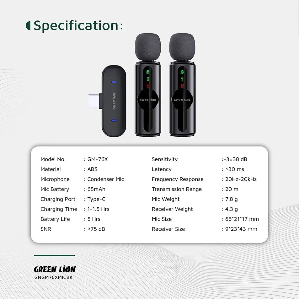 Dual Microphone 3-Level Noise Cancellation Green Lion  GM76-X