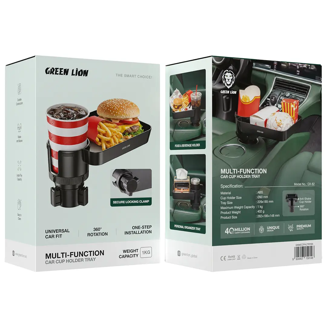 Multi-Function Car Cup Holder Tray Green Lion – 360° Food & Phone Table