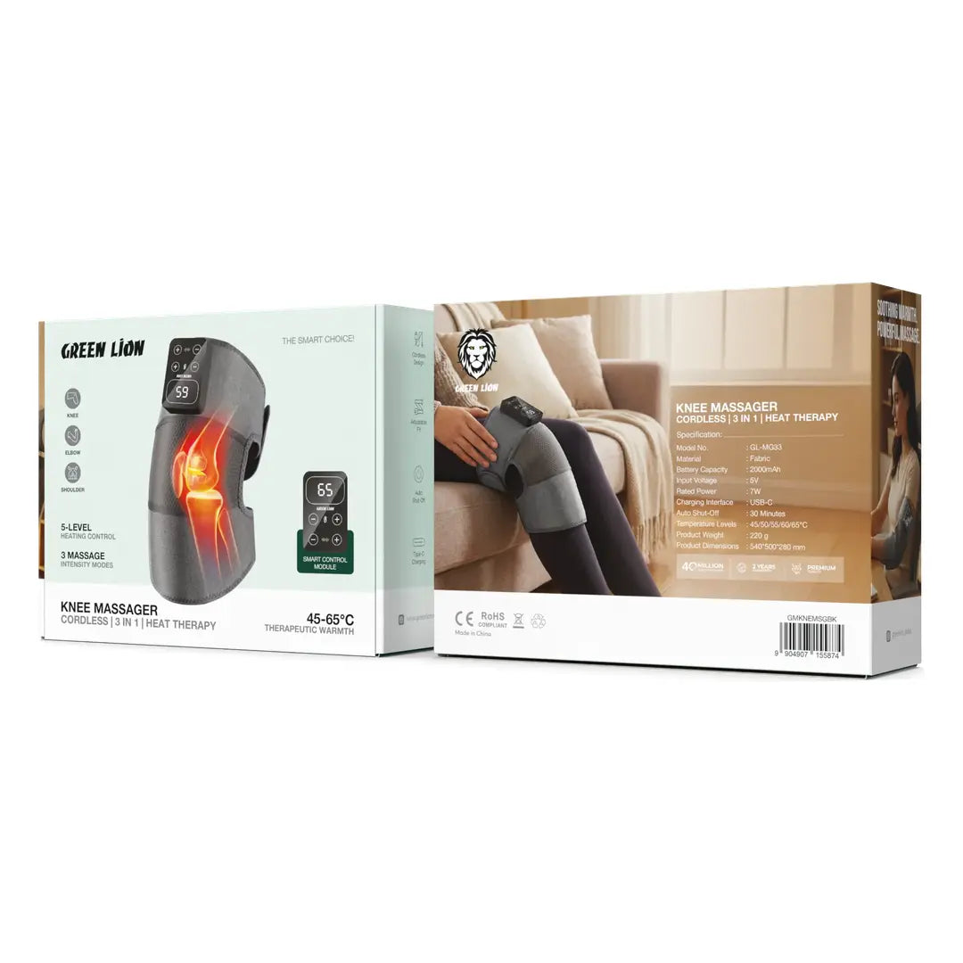 Green Lion knee massager on knee, elbow and shoulder