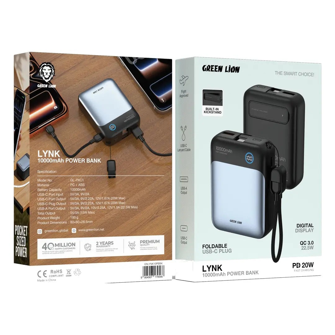 Green Lion Lynk power bank with foldable USB-C plug and kickstand