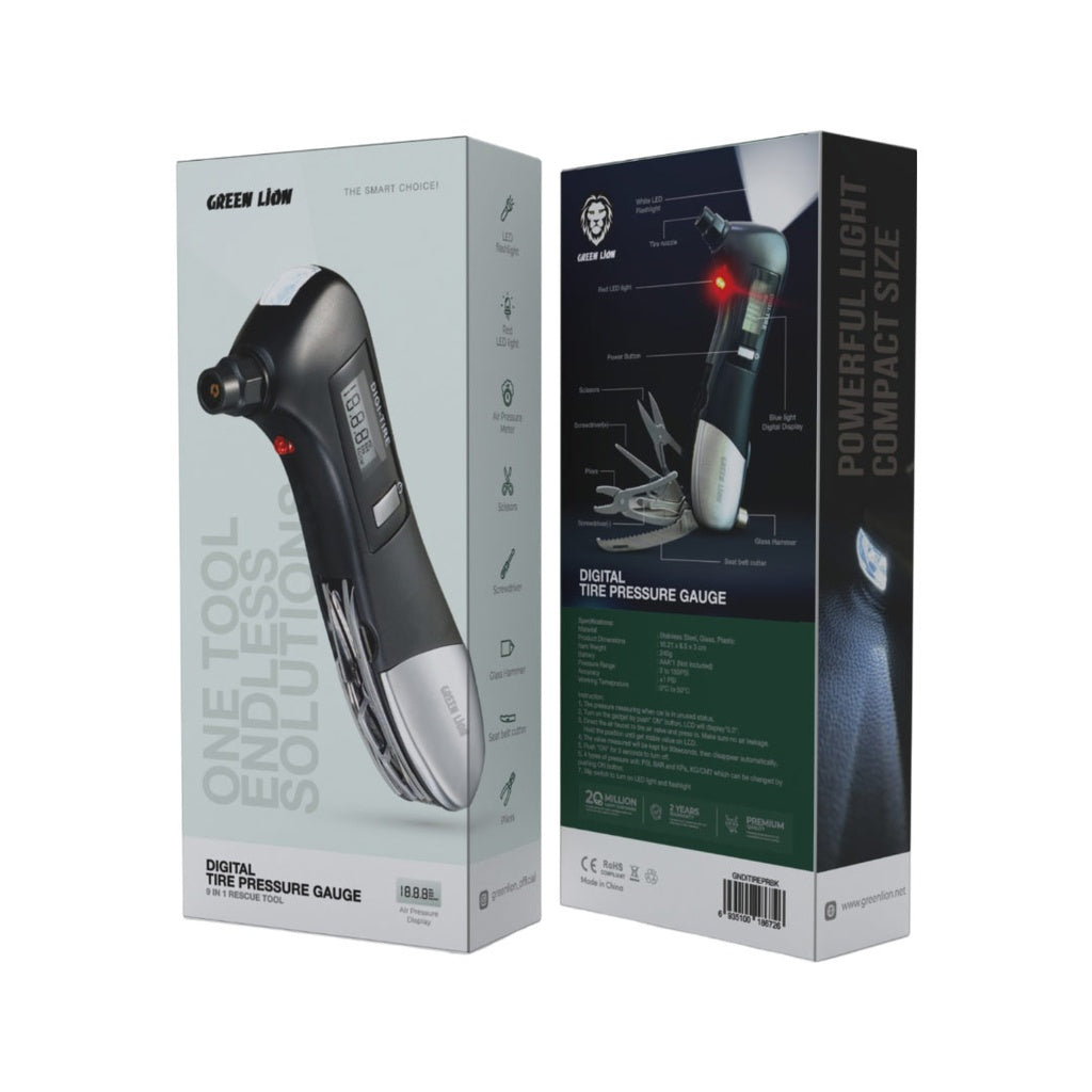 Green Lion Digital Tire Pressure Gauge 9-in-1 Rescue Tool - PSI Accuracy