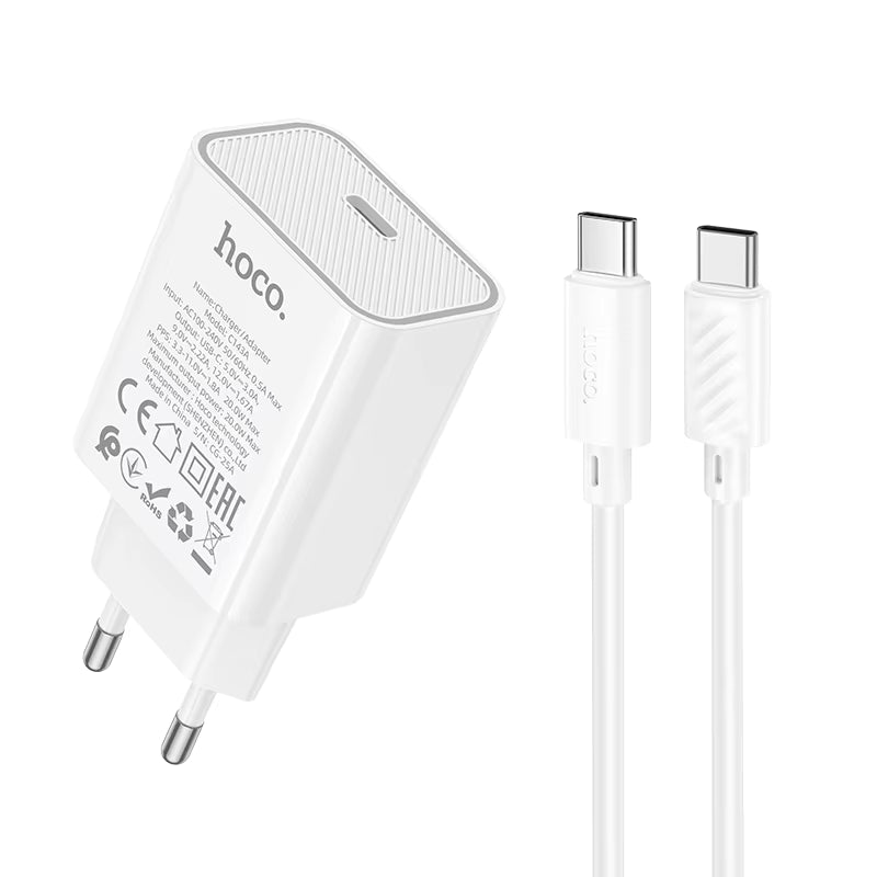 Portable HOCO C143A PD20W single-port charger with EU plug for smartphones and tablets.
