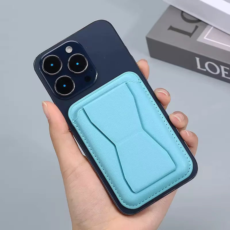 PU leather MagSafe card holder attached to iPhone