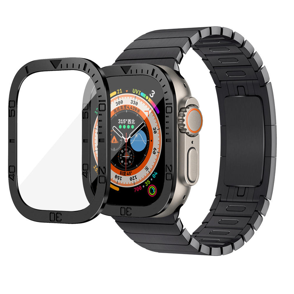 Close-up of Apple Watch Ultra metal frame protector with rugged design.
