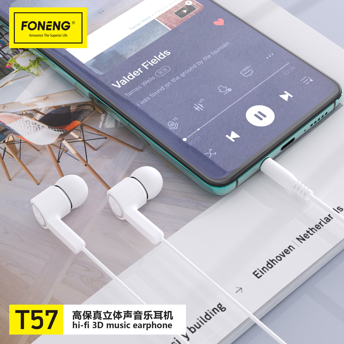 FONENG T57 White Wired Earphones – In-Ear Sealed Design