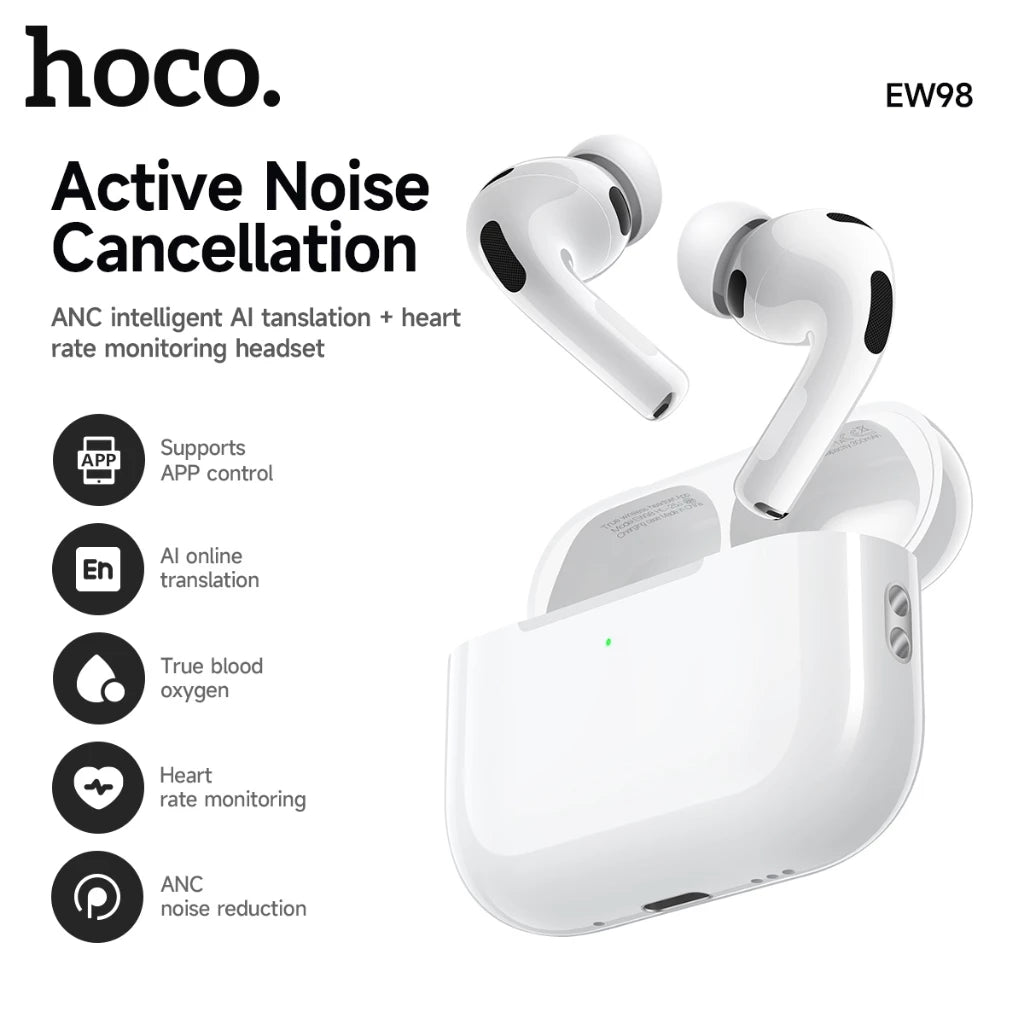 Hoco EW98 earbuds close-up showing 13mm driver and in-ear heart rate monitoring sensor
