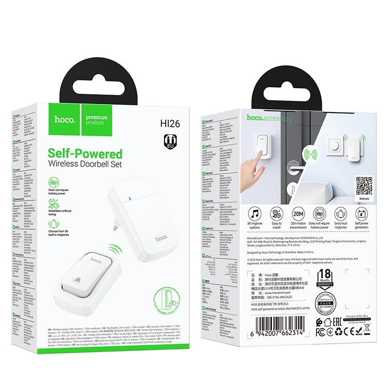 HOCO HI26 Self-Powered Wireless Doorbell – EU Plug Smart Door Chime