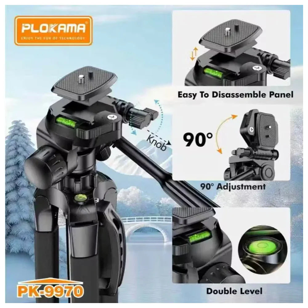 Folded Plokama PK-9970 tripod for easy travel and portability
