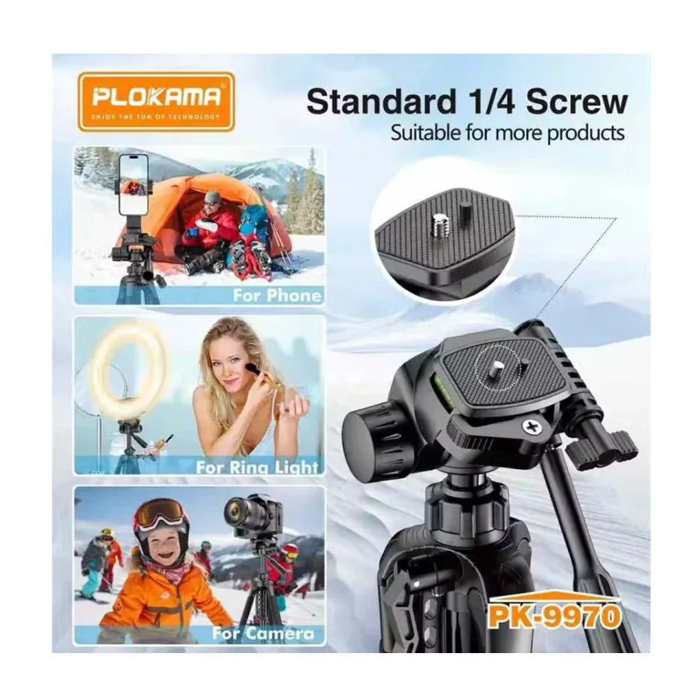 Smartphone mounted on Plokama PK-9970 tripod for vlogging and live streaming use
