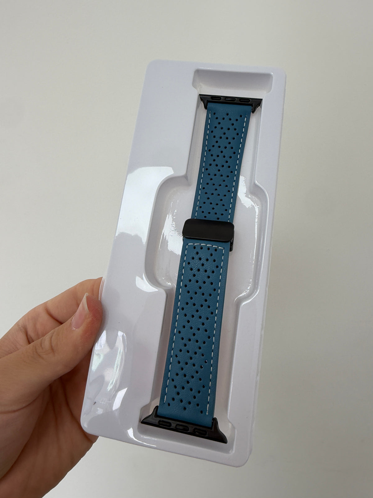 Perforated Leather Magnetic Apple Watch Band Blue – Folding Clasp