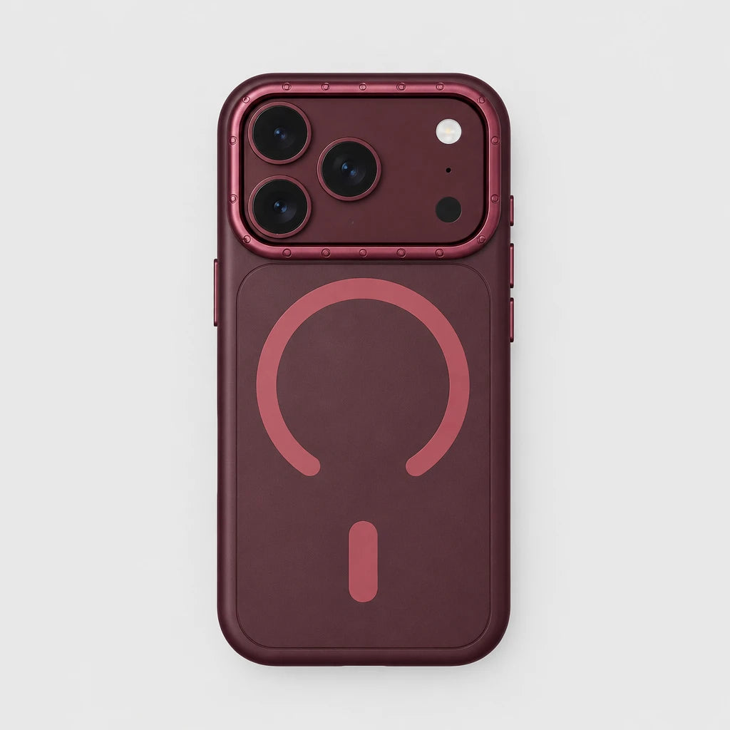 Burgundy frosted MagSafe case with raised camera frame for iPhone 17/18 Pro & Pro Max