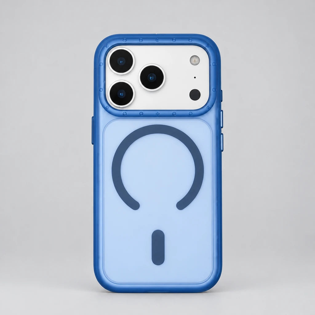 Blue frosted MagSafe case with raised camera frame for iPhone 17/18 Pro & Pro Max