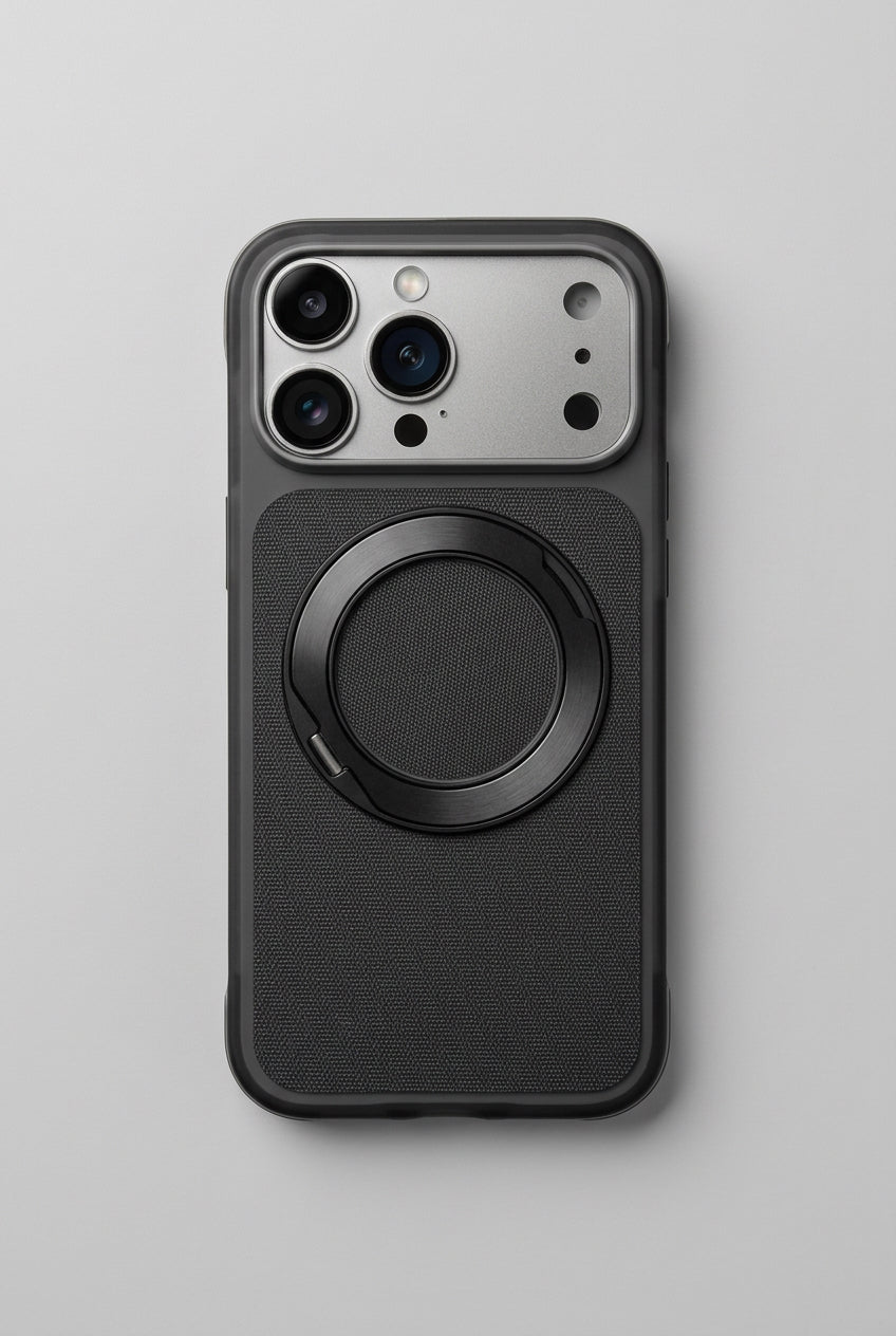 Airbag MagSafe ring stand case iPhone 17/18 Pro - black fabric texture