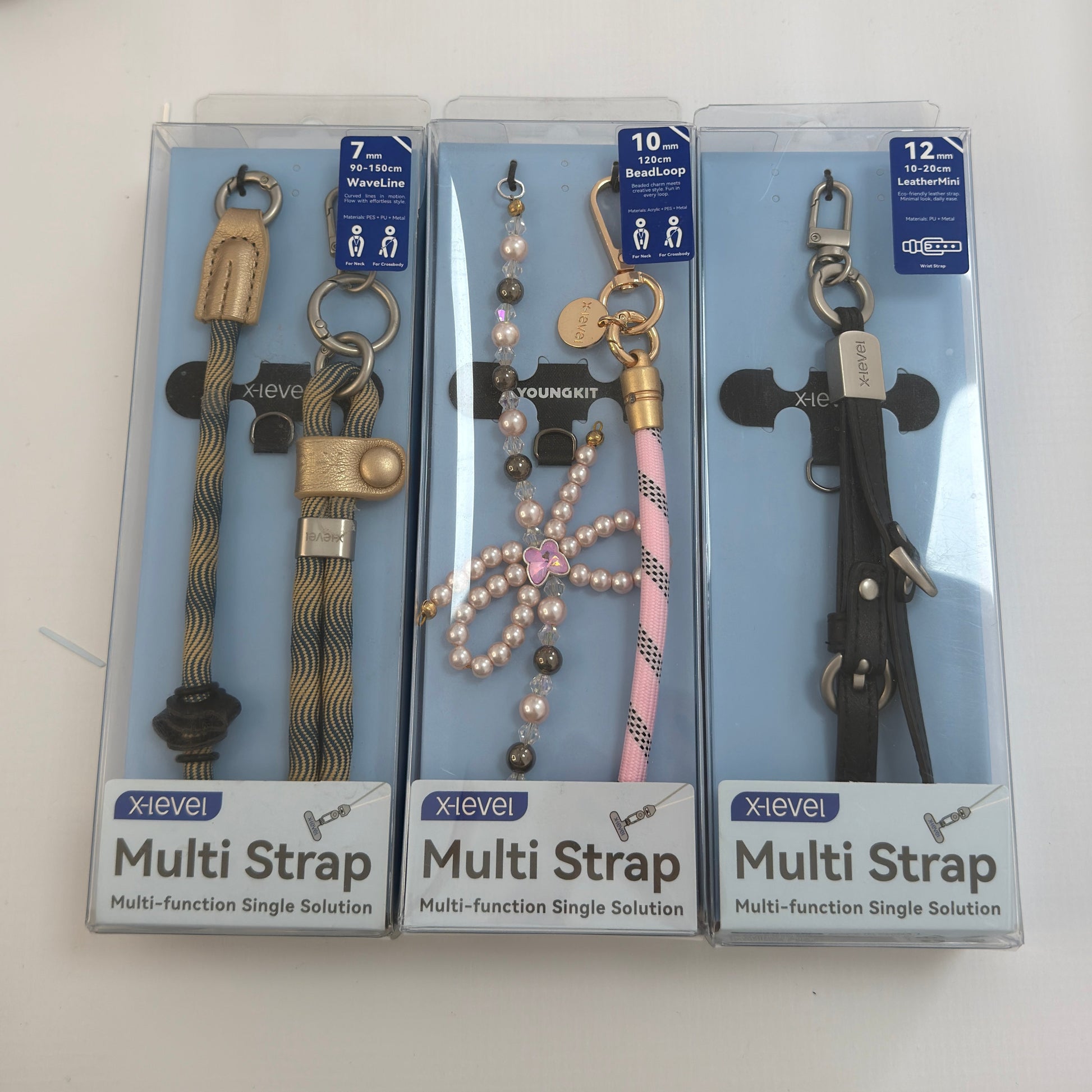 X-Level Multi Strap phone lanyard with adjustable rope design and metal clip.
