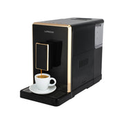LePresso automatic espresso machine in black, front view showing control panel, bean box, and milk tank
