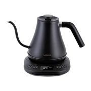 LePresso electric pour-over kettle in black with gooseneck spout and digital temperature display, front view
