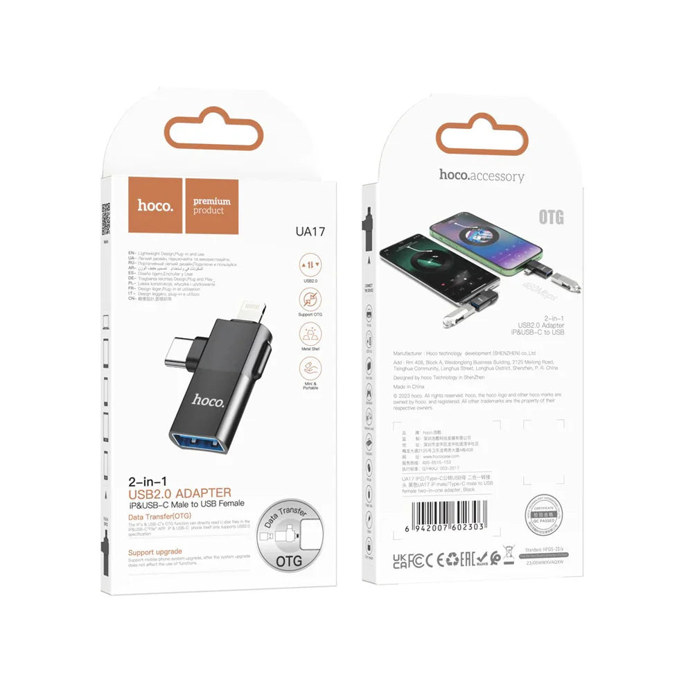 HOCO UA17 adapter connected to USB-A cable close-up