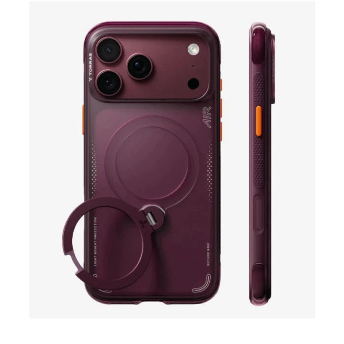 TORRAS Ostand Q3 Air case for iPhone 17/18 Pro & Pro Max – Burgundy, MagSafe 360° rotating ring stand, back and side view