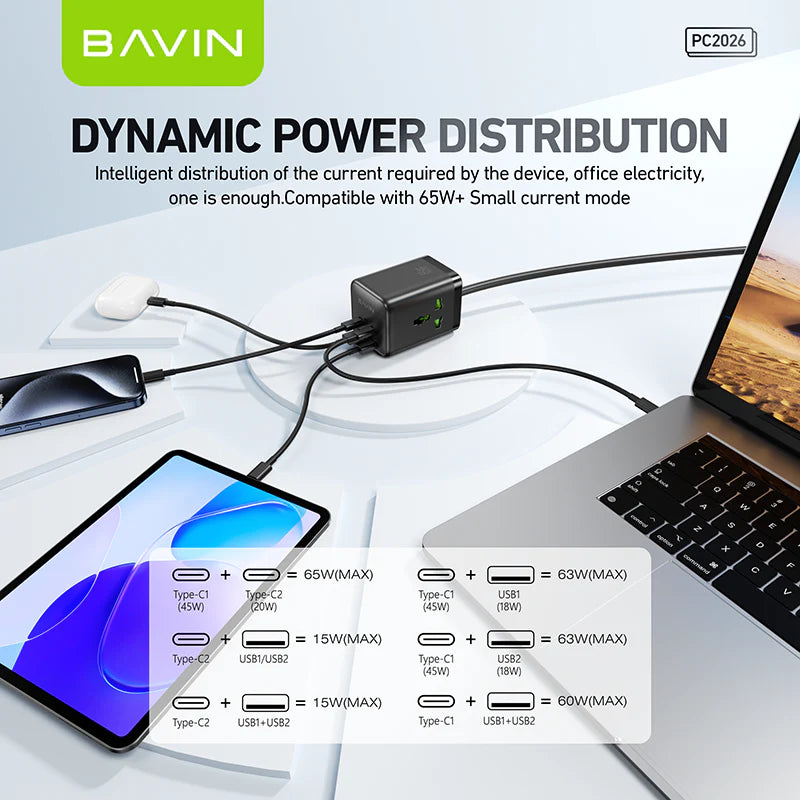 BAVIN PC2026 6-in-1 65W GaN Desktop Power Strip Fast Charging Adapter with AC Plug, USB & Type-C Ports