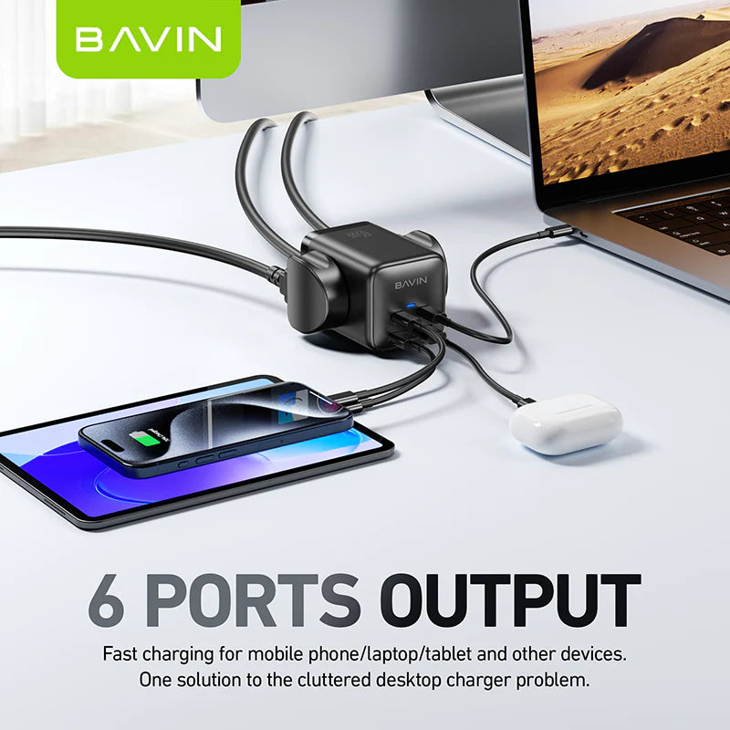 BAVIN PC2026 6-in-1 65W GaN Desktop Power Strip Fast Charging Adapter with AC Plug, USB & Type-C Ports