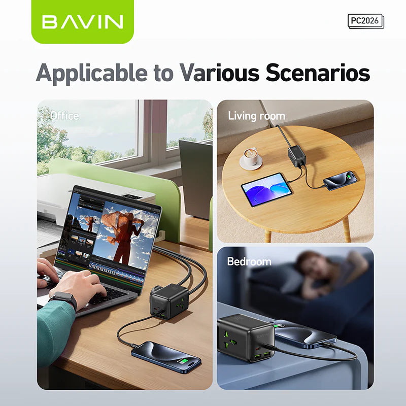 BAVIN PC2026 6-in-1 65W GaN Desktop Power Strip Fast Charging Adapter with AC Plug, USB & Type-C Ports