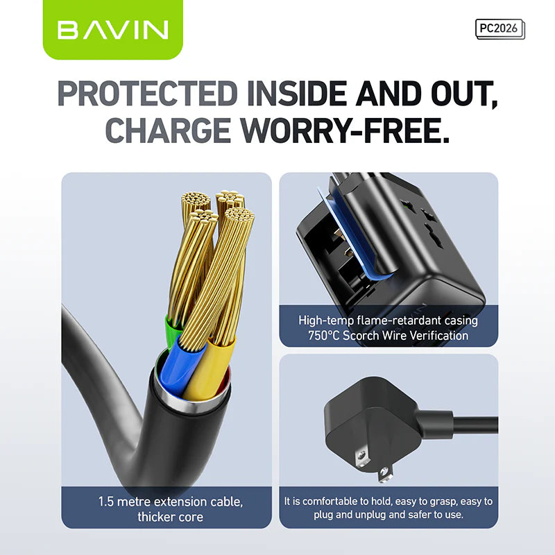 BAVIN PC2026 6-in-1 65W GaN Desktop Power Strip Fast Charging Adapter with AC Plug, USB & Type-C Ports