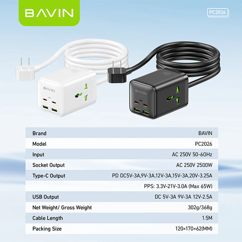 BAVIN PC2026 6-in-1 65W GaN Desktop Power Strip Fast Charging Adapter with AC Plug, USB & Type-C Ports