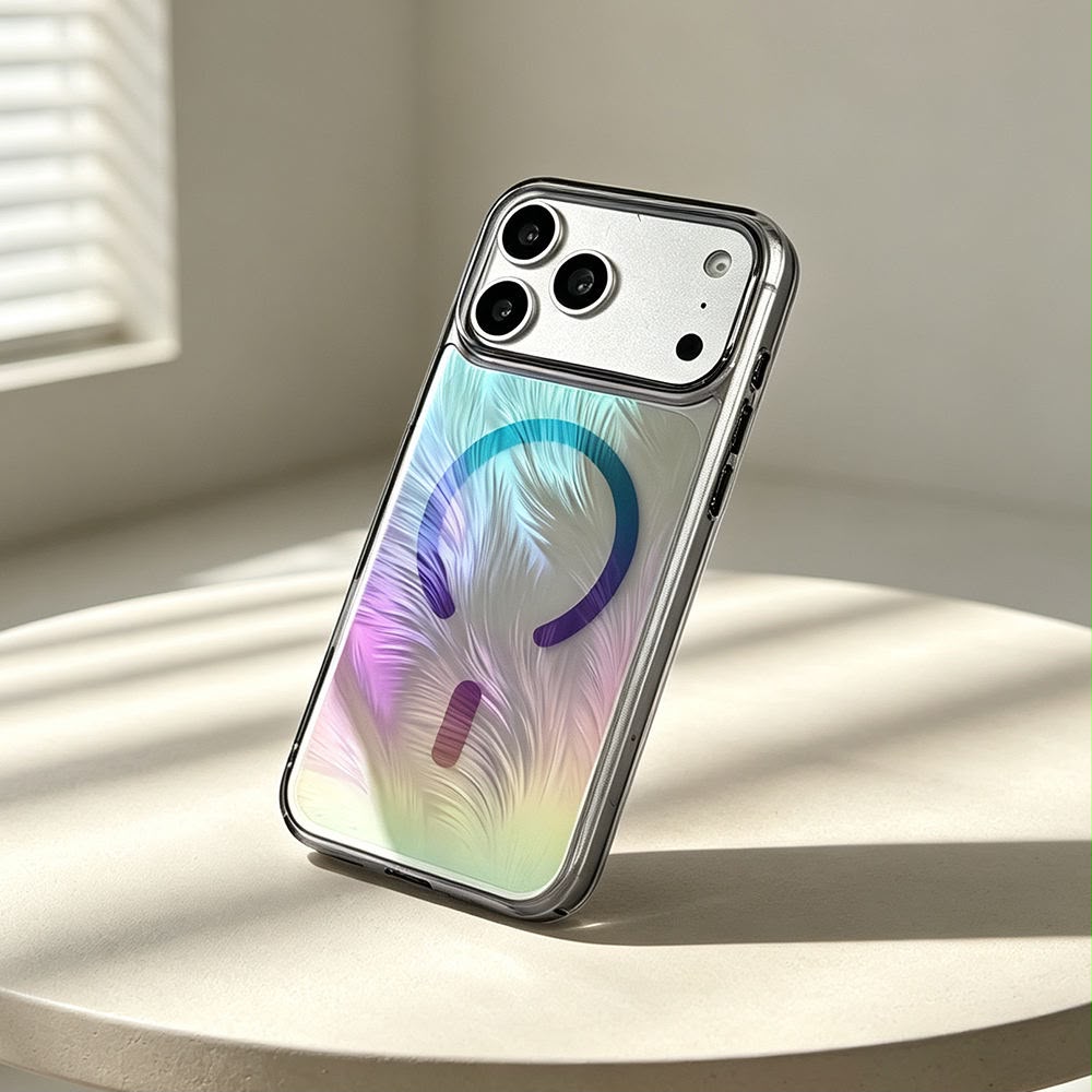 Iridescent feather MagSafe case black frame on iPhone 17/18 Pro