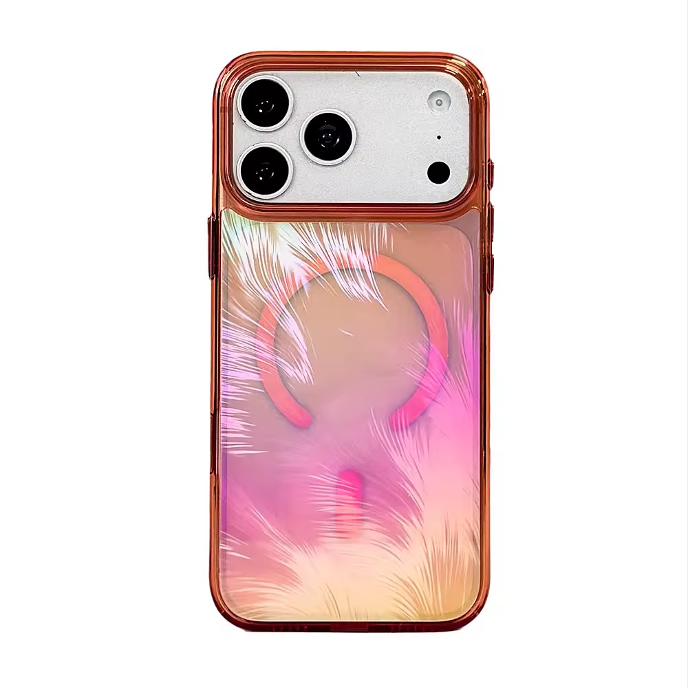 Iridescent feather MagSafe case black frame - open camera cutout