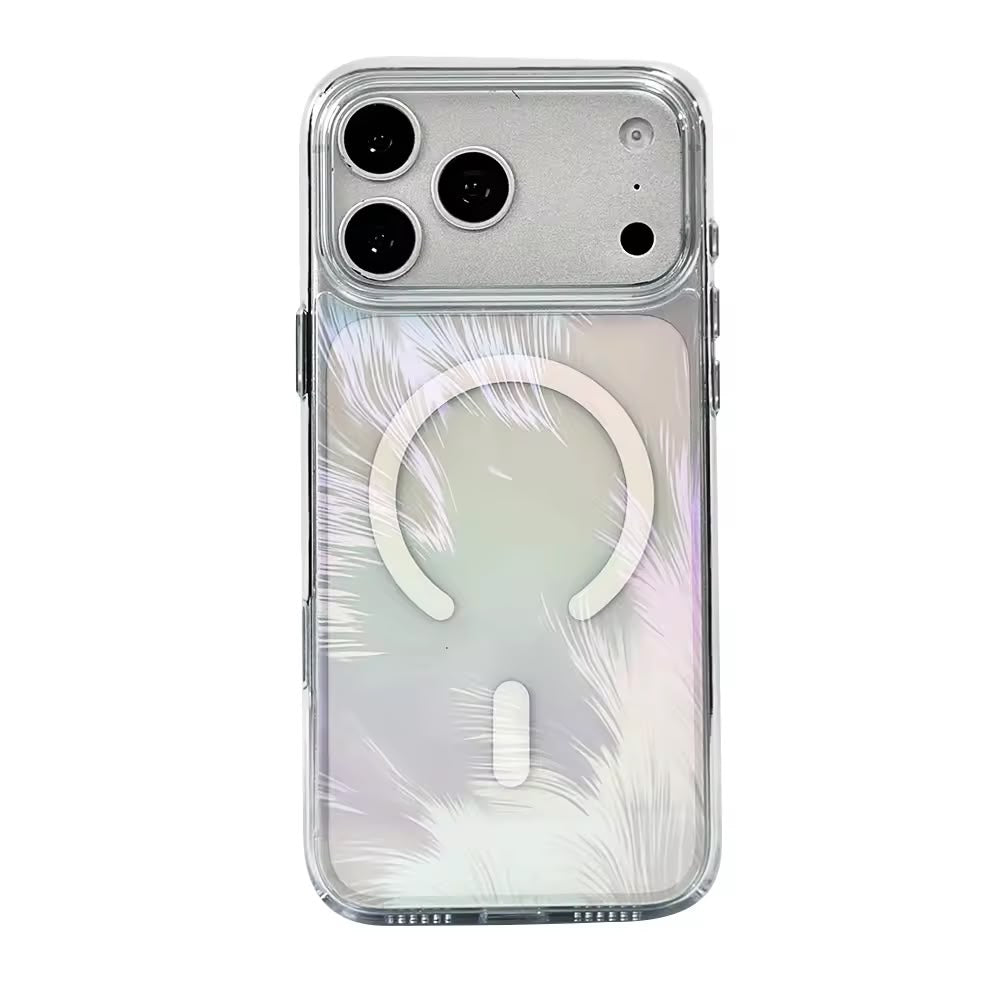 Iridescent feather MagSafe case white frame - pastel holographic finish