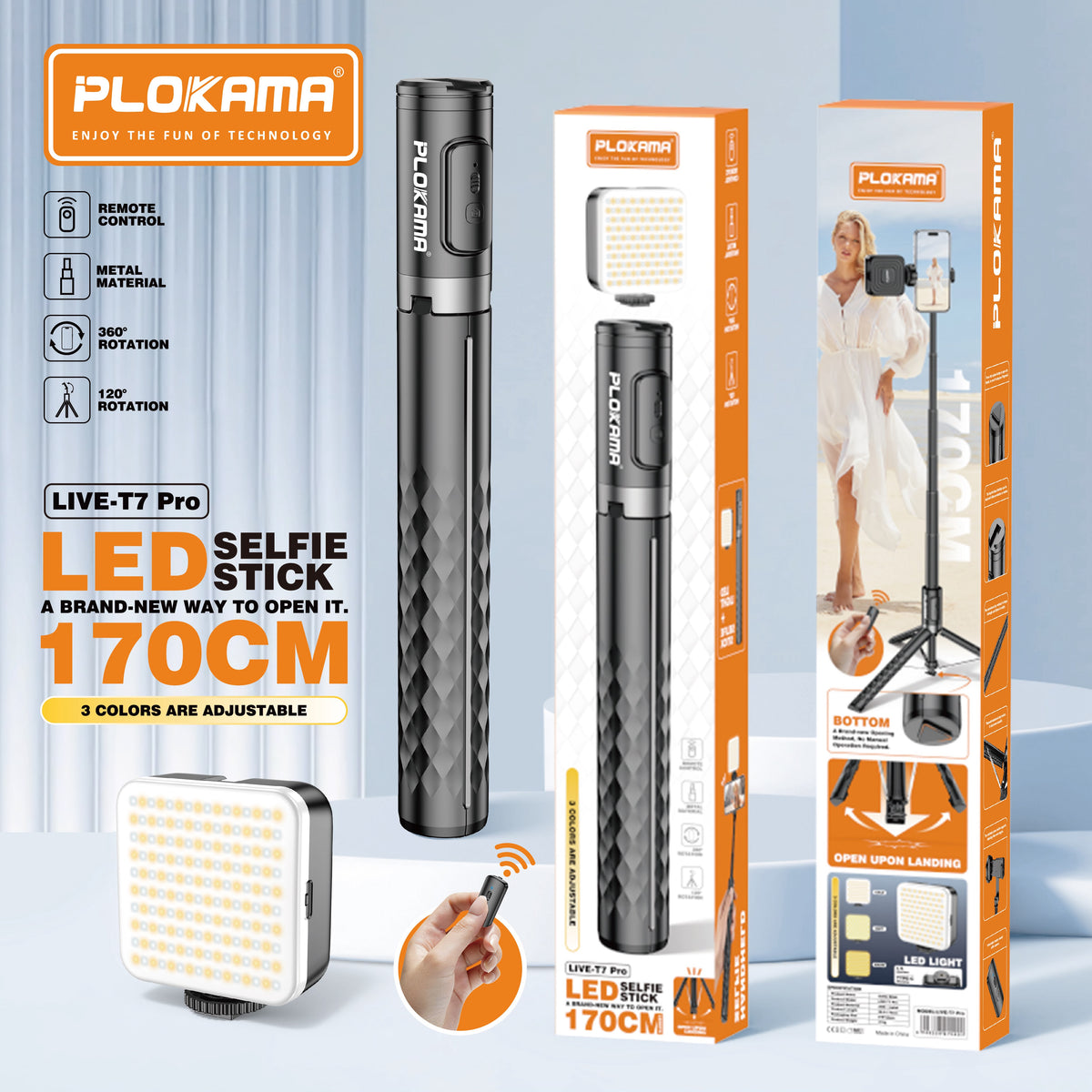 Plokama T7 Pro 170cm Selfie Stick Tripod with LED Fill Light – PhoneHub Lebanon