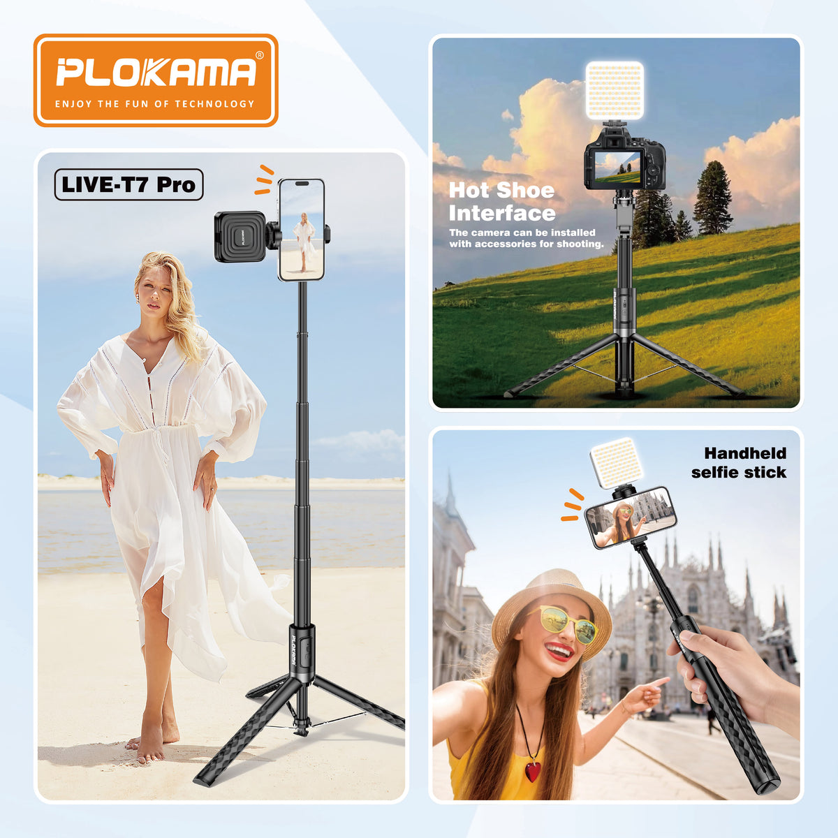 Plokama T7 Pro Selfie Stick Tripod – Built-in LED Fill Light and Bluetooth Remote