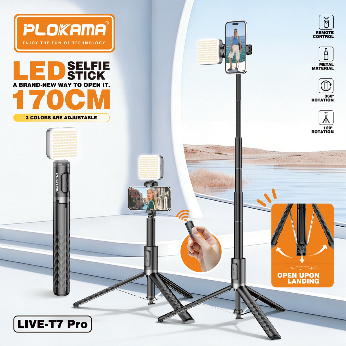 Plokama T7 Pro 2-in-1 Selfie Stick and Tripod – Extended to 170cm