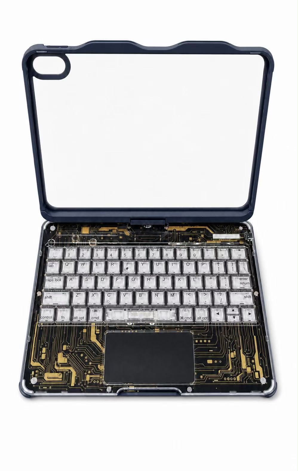 Backlit iPad keyboard case with trackpad navy blue, transparent circuit design