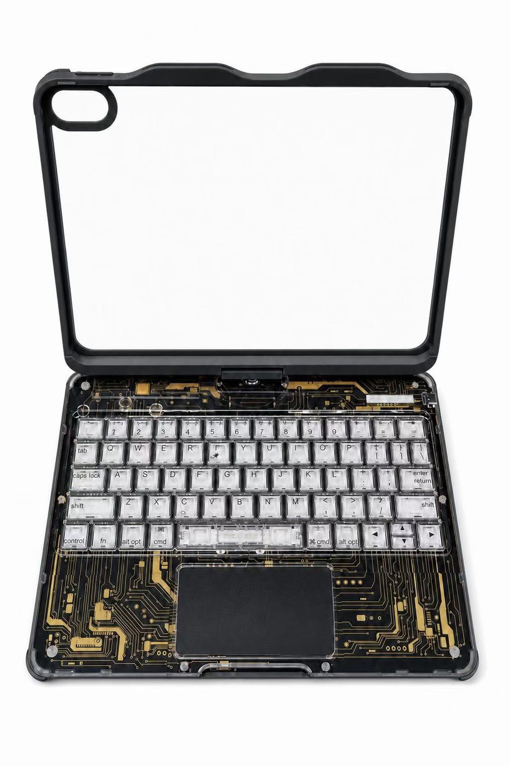 Backlit iPad keyboard case with trackpad black, transparent circuit design