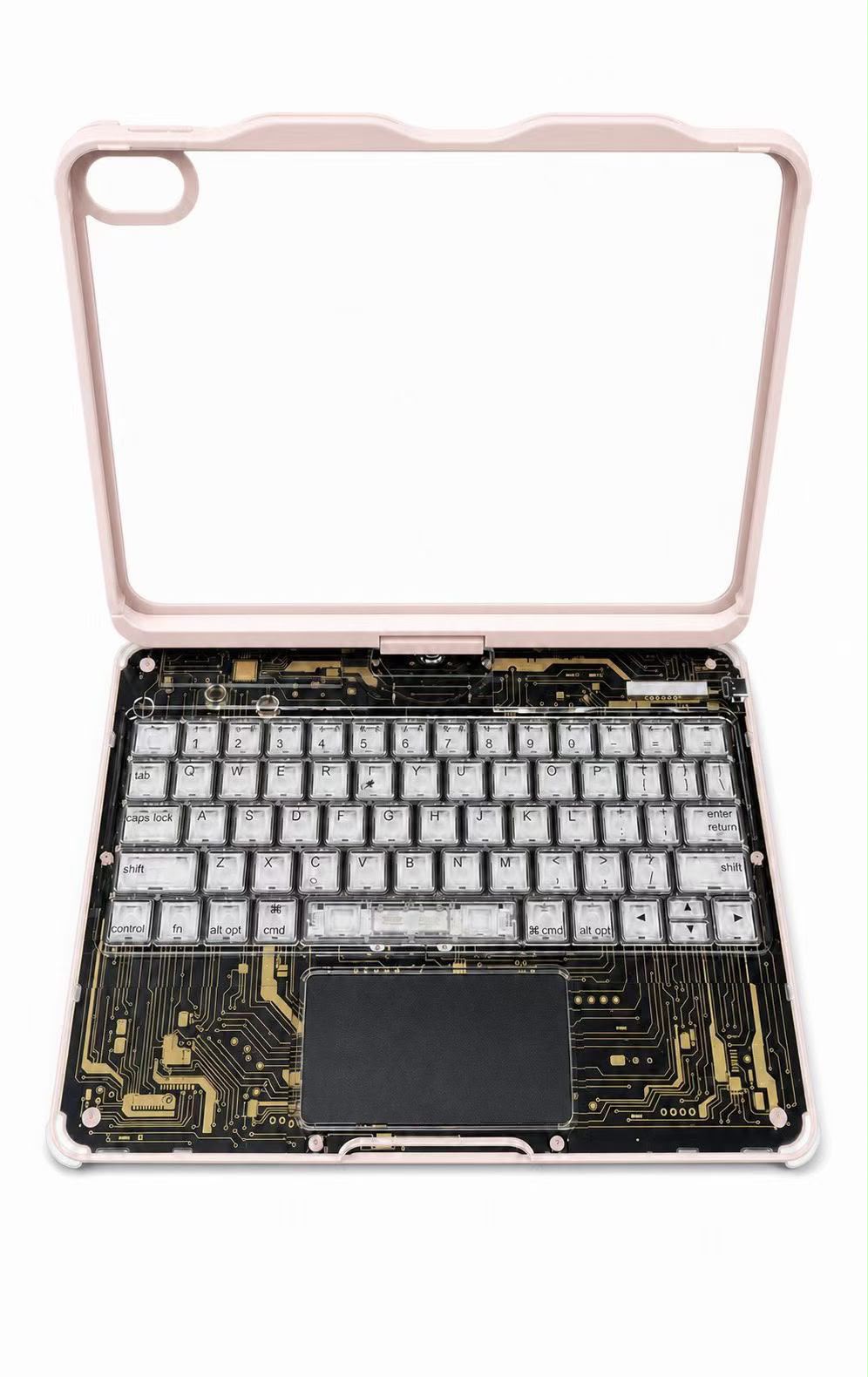 Backlit iPad keyboard case with trackpad pink, transparent circuit design