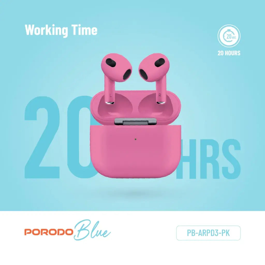 Porodo Blue Deep Bass Earbuds 3 Pink – 20 hour playtime charging case