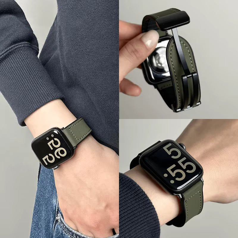 Magnetic leather band on Apple Watch wrist lifestyle