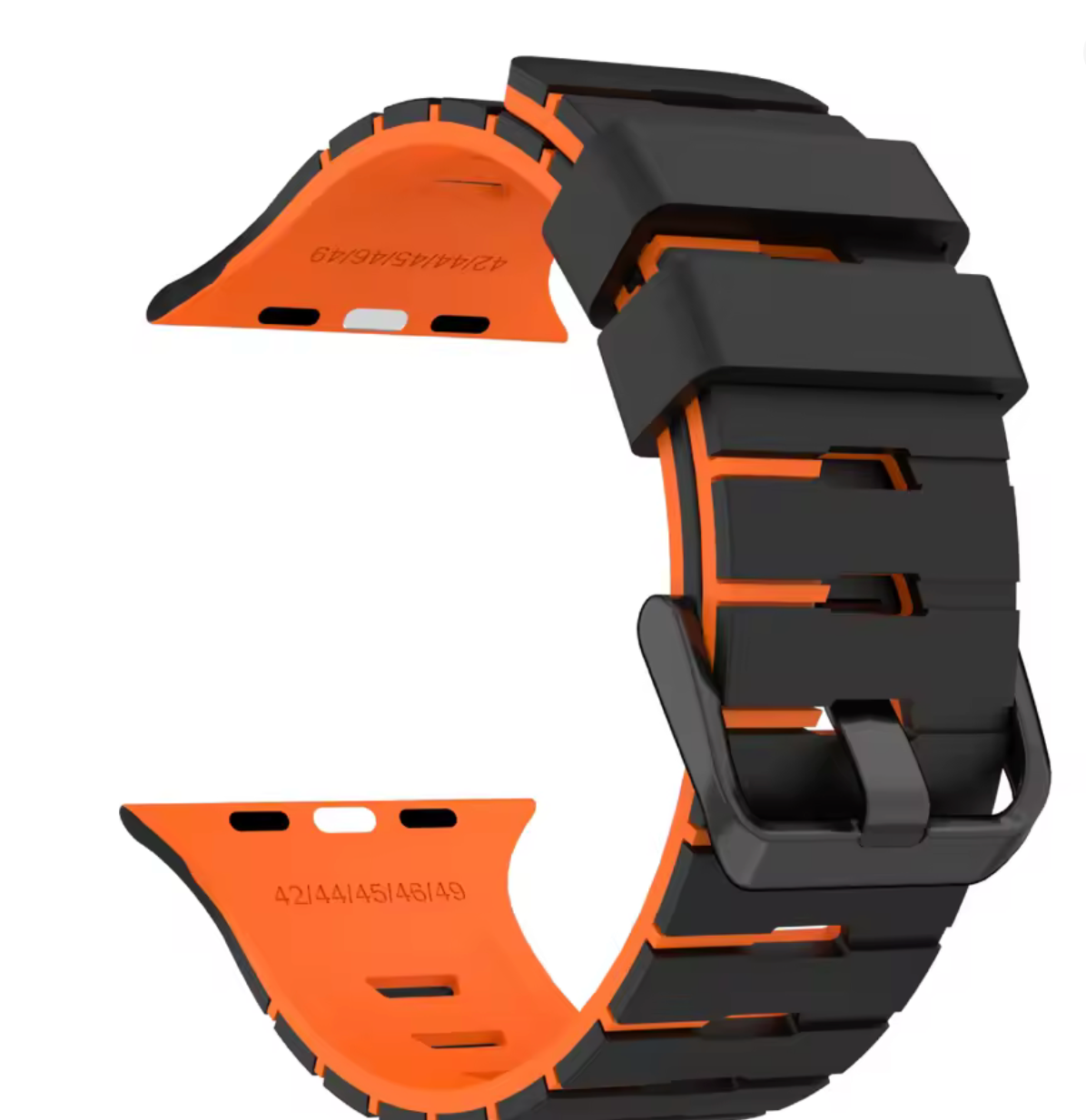 Two-tone silicone Apple Watch band in black with orange lining