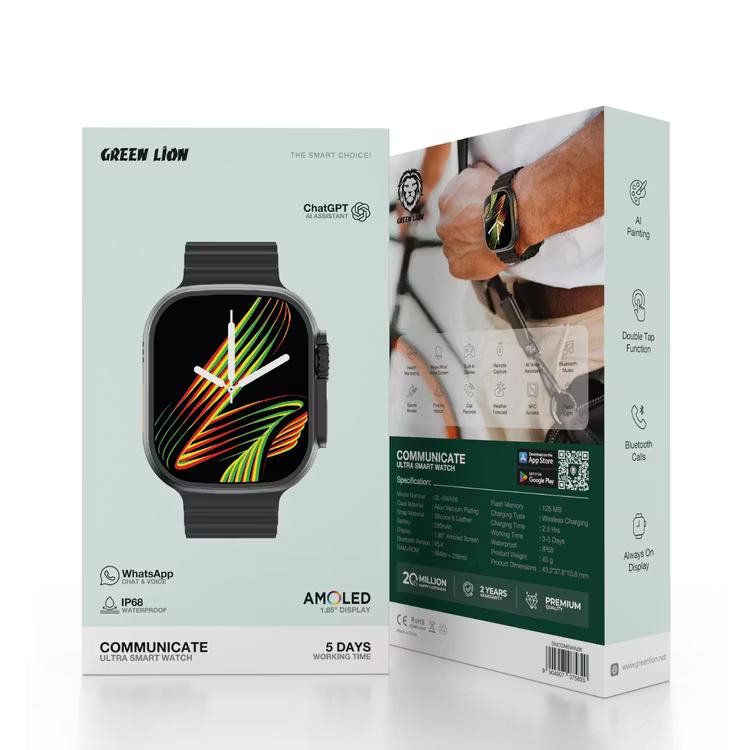 Green Lion Communicate Ultra Smart Watch – 46mm AMOLED Display, Bluetooth 5.0, Wireless Charging