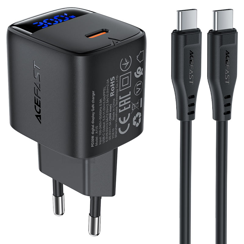 Acefast A115 PD30W GaN Fast Charge Set – USB-C EU Plug with LED Display