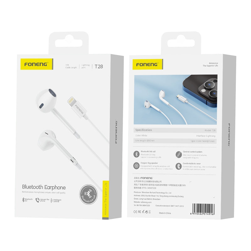 FONENG T28 White Lightning Earphones – In-Ear Design and 120cm Cable
