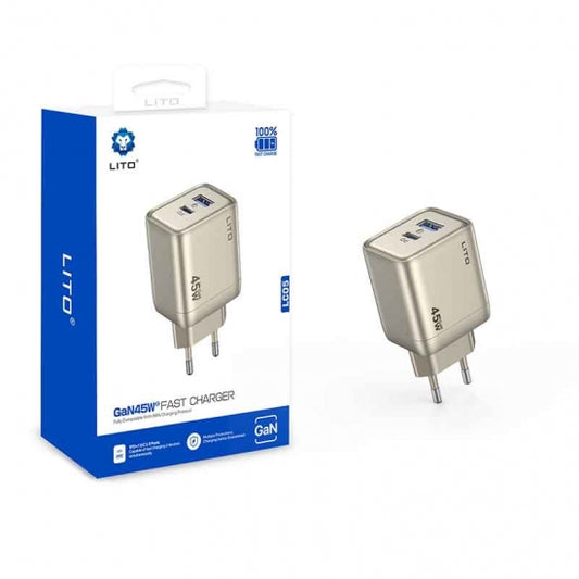 LITO GaN5W fast charger with packaging on a white background