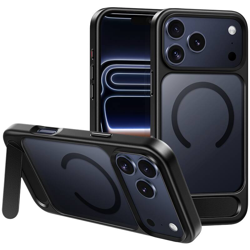 HOCO AS12 MagSafe case with kickstand for iPhone 17 Pro and Pro Max in black.
