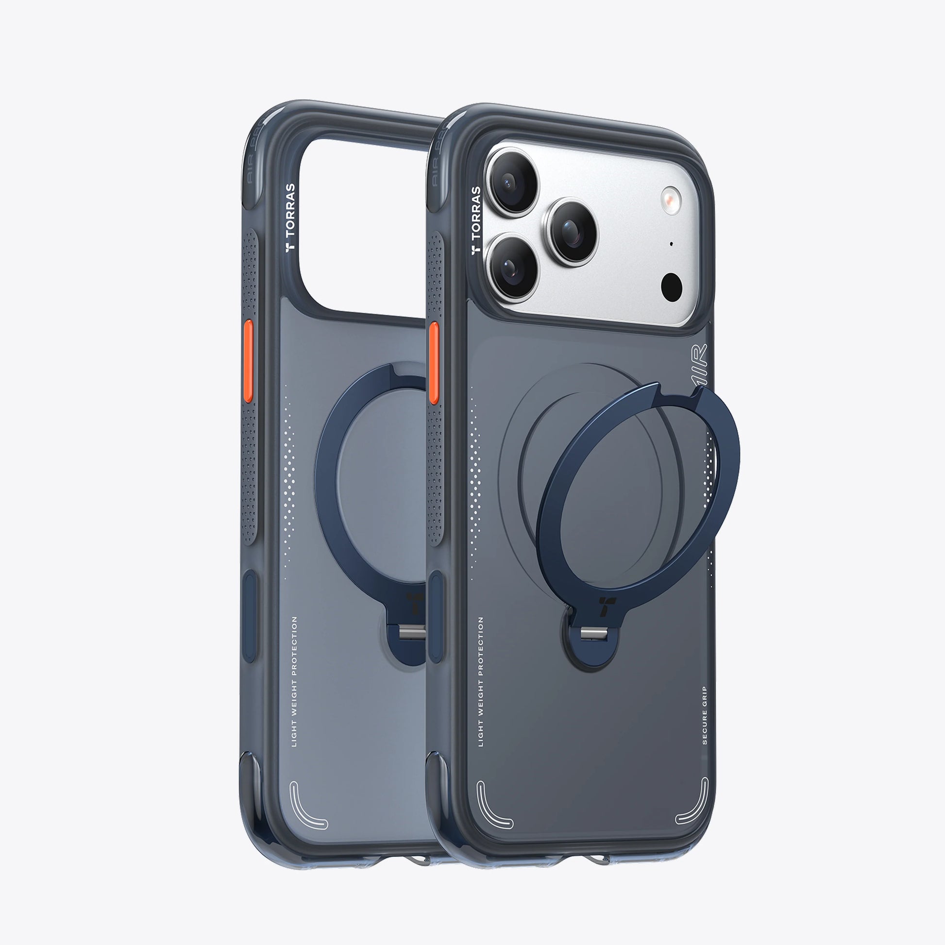 Slim silicone and PC hybrid case for iPhone 17 Pro Max with aluminum kickstand.
