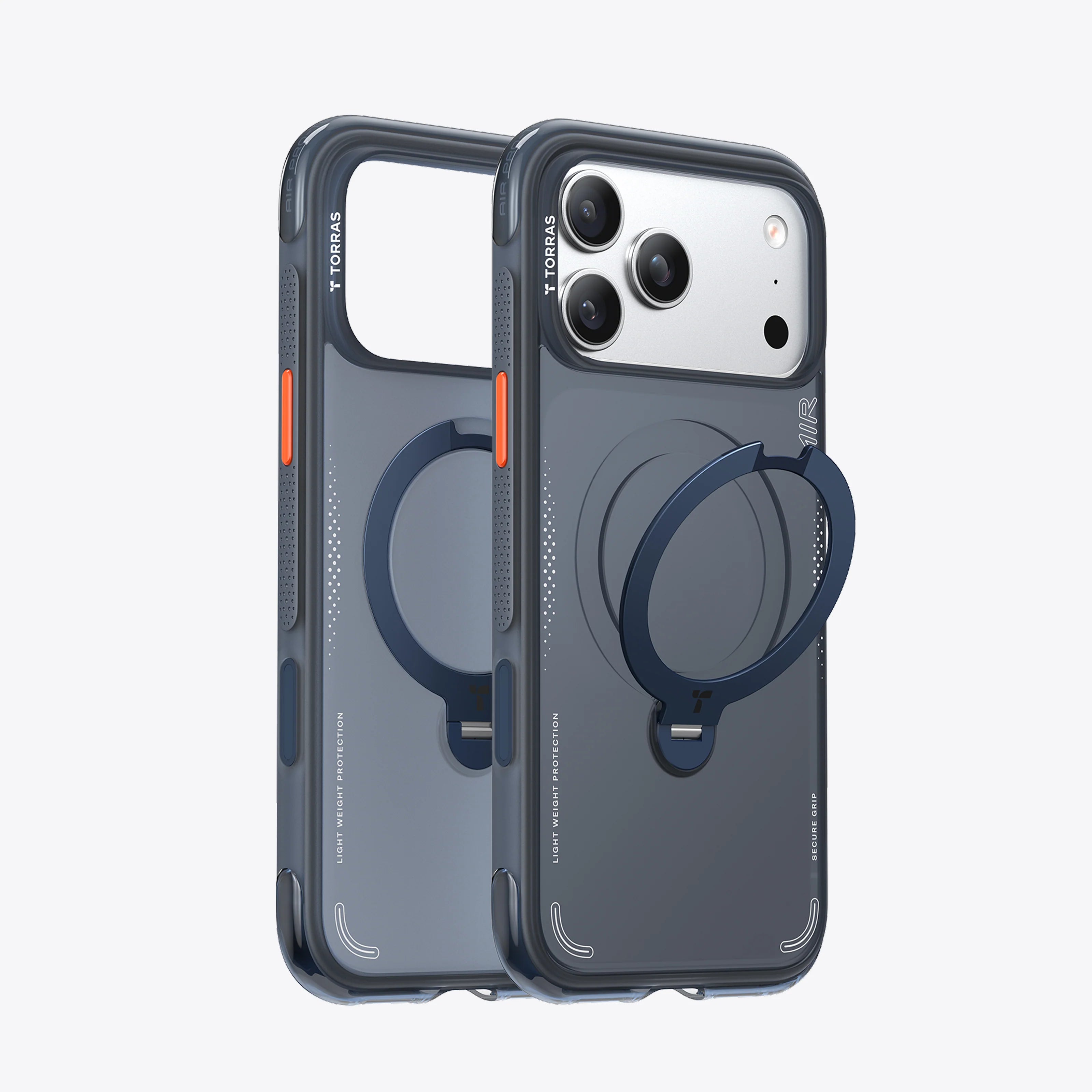 Slim silicone and PC hybrid case for iPhone 17 Pro Max with aluminum kickstand.
